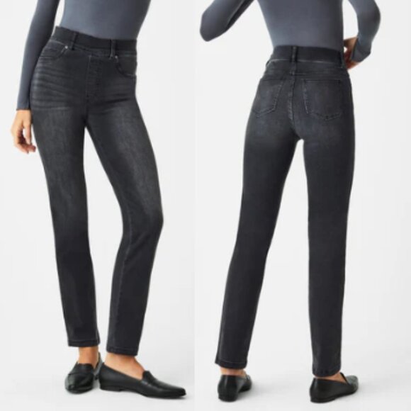 SPANX Denim - Spanx Straight Leg Jean XL Faded Black Denim High Rise Pull On Casual Stretchy